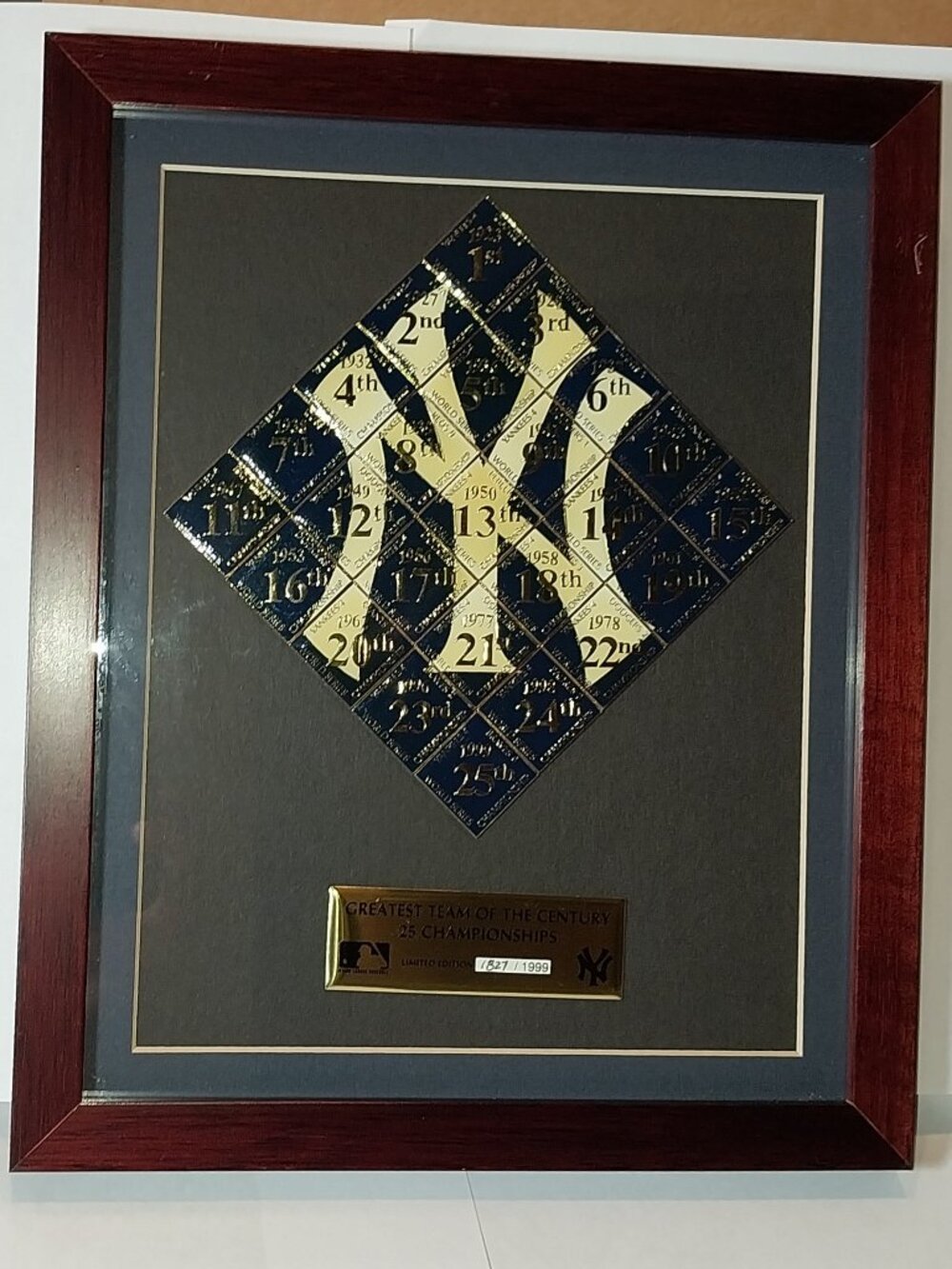 NEW YORK YANKEES – 25 CHAMPIONSHIPS - FRAMED ENAMEL SQUARES - 1827/1999